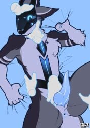 absurd_res ambiguous_gender anthro anus blue_eyes blue_penis blush disembodied_hand fluffy fur genitals ghost_hand hi_res kel_(axionyx) knot knotted_penis knotted_tapering_penis looking_at_viewer male male/ambiguous mantled_beast penis praising shinystarshard solo_focus tapering_penis visor