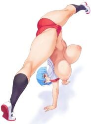 1girls anus ass ass_cheeks big_breasts blue_hair blush bouncing_breasts breasts buruma calves clothing curvy curvy_body curvy_female curvy_figure female female_focus female_only flexible flexing full_body gymnastics hand_stand large_breasts legs_open light_blue_hair mogudan neon_genesis_evangelion pale-skinned_female pale_skin perfect_legs presenting presenting_ass presenting_pussy pussy_outline red_eyes rei_ayanami shiny_skin short_hair solo solo_female solo_focus splits spread_legs stomach thick_thighs thighs unusual_position voluptuous white_background wide_hips