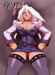 1girls 2023 2025 absurdres bizen_sayoko black_dress black_panties black_trim bracelet breasts brown_skin chocker choker cleavage clenched_hands collarbone commentary cowboy_shot cropped_jacket dark-skinned_female dark_skin dsan earrings english_commentary eyeshadow female female_focus gluteal_fold gold gyaru hair_between_eyes hands_on_own_hips highres hoop_earrings jacket jewelry lace lace-trimmed_legwear lace_trim lapels large_breasts legs_apart long_eyelashes looking_at_viewer makeup medium_breasts notched_lapels panties pantyshot parted_lips purple_background purple_eyes purple_eyeshadow purple_thighhighs red_choker slut_girl solo standing straight-on taut_clothes thick_lips thick_thighs thighhighs thighs title underwear white_hair white_jacket