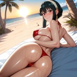 _bikini ai_generated arm_on_own_leg beach big_ass big_breasts bikini day dtkai female looking_at_viewer lying_on_stomach oiled on_side outside palm_tree red_thong sand sea sky sun sunbathing yor_forger