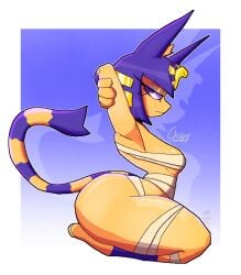 animal_crossing animal_ears animal_tail ankha ankha_(animal_crossing) big_thighs big_titties blue_hair cat_ears cat_tail catgirl chuyy clothing curvaceous curvaceous_female curvaceous_figure curvy curvy_figure curvy_hips female female_only fully_clothed furry furry_female furry_only looking_at_viewer yellow_fur