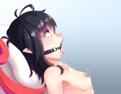 after_fellatio after_sex antenna_hair bar_censor black_hair blush bondage bound breasts censored collarbone cum cum_in_mouth cum_on_body cum_on_breasts cum_on_upper_body cum_out_nose fangs female from_side gag lying nipples nude nue_houjuu nuenya on_back open_mouth open_mouth_gag pillow pointy_ears profile red_eyes ring_gag rolling_eyes shaded_face small_breasts sweat tongue tongue_out touhou trembling upper_body wings