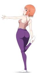 1girls ass big_ass blush eiyuu_densetsu female holding_foot looking_back noel_seeker pink_tank_top purple_yoga_pants raised_leg red_hair roswell-ss smile socks solo stretching tank_top the_legend_of_heroes white_socks yoga_pants