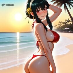 1girls ai_generated beach big_ass big_breasts bikini day dtkai from_side hairband hand_up looking_at_viewer outside palm_tree red_thong_bikini sand sea smile sun yor_forger