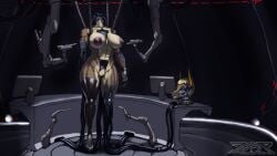 16:9 anthro big_breasts breasts brown_body brown_fur canid canine detachable detachable_head female fur headless hi_res machine mammal multicolored_body multicolored_fur muscular muscular_anthro nipples robogore robot solo talynn widescreen