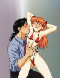 1boy age_difference amondetauro arms_behind_head arms_up beard_stubble bikini black_hair black_pants blue_shirt blush breasts drooling facial_hair female fingering food_print fruit_print half_updo highres interface_headset_(evangelion) kaji_ryouji licking licking_armpit long_hair low_ponytail male mature_male mouth_drool necktie neon_genesis_evangelion orange_hair pants ponytail red_bikini red_necktie shirt small_breasts smile souryuu_asuka_langley straight stubble swimsuit watermelon_print