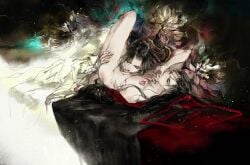 2boys bare_legs bare_pectorals bed bed_sheet black_hair black_hanfu blush chest_tattoo chinese_clothes closed_eyes covering_own_mouth faux_traditional_media fellatio flower hair_ribbon hand_on_another's_thigh hand_over_own_mouth hanfu kcllzas163 lan_wangji leg_grab light_particles long_hair lotus lying male_focus modao_zushi multiple_boys nipples nude on_back on_bed open_clothes open_robe oral partially_undressed pectorals ponytail red_ribbon ribbon robe spread_legs tattoo third-party_source watercolor_effect wei_wuxian white_hanfu yaoi