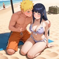1boy 1girls ai_generated arm_support beach blush couple cute female grabbing hyuuga_hinata male naruto preparation smiling uzumaki_naruto