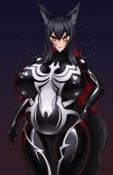 1girls animal_ears arknights big_breasts bodysuit corruption latex_skin latex_skinsuit latex_suit living_clothes marvel marvel_comics pregnant rikatsuky symbiote texas_(arknights) venom_(marvel)