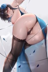ass ass_focus azur_lane bare_shoulders bent_over black_hair black_panties black_thighhighs blue_dress blue_flower blue_rose blush breasts cameltoe chien_wu_(azur_lane) chien_wu_(dressed_for_just_tonight)_(azur_lane) china_dress chinese_clothes dress e.c.ho ear_piercing earrings female flower from_behind from_below grey_background hair_between_eyes hair_flower hair_ornament jewelry lace lace-trimmed_legwear lace_trim large_breasts leash looking_at_viewer looking_back multicolored_hair nipple_piercing nipple_rings nipples official_alternate_costume open_mouth panties parted_lips partially_visible_vulva pelvic_curtain petals piercing red_eyes revealing_clothes rose short_hair skindentation sleeveless_dress solo standing sweat thighhighs thighs underwear