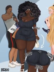 trich00art desiree_(trich00art) original original_characters afro bbw futanari blonde_hair ponytail very_long_hair big_hair large_breasts large_ass dark_skin dark-skinned_female black_hair sunglasses green_eyes erection penis precum 2girls 1boy 1futa