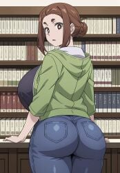 ai_generated ayyaai back_view beauty_mark black_shirt book bookshelf brown_eyes brown_hair fat_ass fully_clothed huge_ass huge_breasts jeans kaii_to_otome_to_kamikakushi looking_at_viewer looking_back mature_female ogawa_sumireko solo solo_female solo_focus sumireko_ogawa surprised surprised_expression tits_bigger_than_head