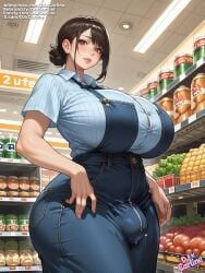 1futa ai_generated big_breasts big_bulge big_penis big_testices bulge djxcarline futanari huge_testicles indoors supermarket