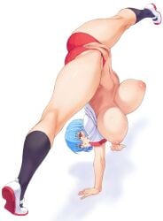 1girls anus ass ass_cheeks big_breasts blue_hair blush bouncing_breasts breasts buruma calves clothing crotchless crotchless_clothing curvy curvy_body curvy_female curvy_figure female female_focus female_only flexible flexing full_body gymnastics hand_stand large_breasts legs_open light_blue_hair mogudan neon_genesis_evangelion pale-skinned_female pale_skin perfect_legs presenting presenting_ass presenting_pussy red_eyes rei_ayanami shiny_skin short_hair solo solo_female solo_focus splits spread_legs stomach thick_thighs thighs unusual_position voluptuous white_background wide_hips