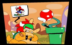 1boy 2_horns accessory ambiguous_gender angry animated anthro anus ass balancedfox band-aid_on_arm big_balls blush bodily_fluids bowser crossed_arms cum cum_inside_mouth duo ejaculation kissing_forehead looking_back male mario_(series) nintendo pipe piranha_plant shell smile superiorfox tongue_out tree white_horn x_anus