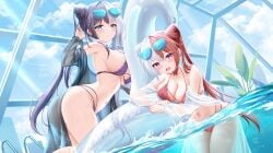 2girls armpits ass azur_lane bare_shoulders bikini black_hair blue_eyes blue_sky blush breasts chao_ho_(azur_lane) choker cleavage cloud cone_hair_bun day double_bun eyewear_on_head hair_bun hair_cones halterneck hand_on_eyewear heart heart-shaped_eyewear indoors innertube jewelry large_breasts long_hair long_sleeves looking_at_viewer medium_breasts multicolored_hair multiple_girls navel o-ring o-ring_bikini off_shoulder official_alternate_costume open_clothes open_mouth parted_lips partially_underwater_shot pool purple_bikini purple_eyes purple_hair red_bikini red_hair see-through shirt side_bun sideboob sky smile split-color_hair standing stomach strap_gap streaked_hair string_bikini sunglasses sunlight swim_ring swimsuit thighs tinted_eyewear twintails two-tone_hair very_long_hair wading water wet white_hair ying_swei_(azur_lane) ying_swei_(blue_waves_limpid_summer)_(azur_lane)