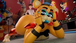 16:9 3d_(artwork) 4k absurd_res amused animatronic anthro ass bear big_butt black_bow_tie black_bracelet black_hair blender_(artwork) blue_eyes bow_tie bracelet clothed clothed_human clothing digital_media_(artwork) duo ear_piercing ear_ring female female_anthro female_human five_nights_at_freddy's five_nights_at_freddy's:_security_breach glamrock_freddy glitter hair hand_on_face hat headgear headwear hi_res human inside jewelry looking_at_another looking_at_viewer machine mammal mtf_crossgender on_breasts on_ground piercing pupils red_ear_ring ring_piercing robot robot_anthro rule_63 scottgames steel_wool_studios thick_thighs tlittleginny top_hat vanessa_(fnaf) white_pupils widescreen
