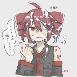 clothed cum cum_drip cum_in_hair cumshot facial japanese_text kasane_teto owaridayo_404 red_eyes red_hair vocaloid watermark