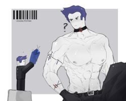 2boys ? abs artist_name bar_code belt belt_buckle billy_bloxxer_(nhokmikiko) black_clothing buff choker confusion crystal doll grey_background grey_nipples guest_(roblox) highres holding_object male male_only megatromad muscular muscular_male nhokmikiko nipples pants plushie question_mark roblox robloxian scars shiny shirtless shirtless_male shorter_male signature simple_background source_request suggestive symbol topless white_background white_body