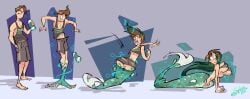 2024 ass beverage bikini bikini_top bottomwear breasts brown_hair bubble clenched_teeth clothing digital_media_(artwork) gender_transformation genitals green_body green_scales hair hi_res holding_beverage holding_object human human_to_humanoid humanoid magic male mammal marine merfolk mtf_transformation open_mouth scales sequence shirt shorts simple_background solo species_transformation splashpinups split_form surprised swimwear tank_top teeth topwear torn_clothing transformation two-piece_swimsuit vulva