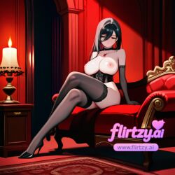 ai_assisted ai_generated black_choker black_footwear black_gloves black_hair black_legwear breasts chair choker closed_eyes crossed_legs curtains elbow_gloves female flirtzy.ai gloves hair_between_eyes high_heels large_breasts long_hair multicolored_hair nipples red_background sitting solo thighhighs