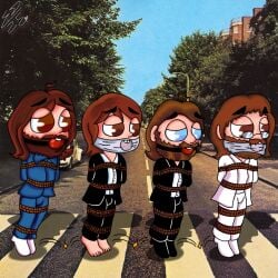 4boys abby_road blue_eyes bondage brown_hair chibi gag gagged george_harrison glasses john_lennon kawaii long_hair parody paul_mccartney real_person ringo_starr rope_bondage self_upload tape_gag the_beatles