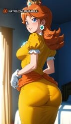 ai_generated ass ass_focus bed bedroom blue_eyes blush breasts brown_hair clothes_lift crown curtains dress dress_lift earrings female flipped_hair flower_earrings frilled_gloves frills from_behind gloves grin huge_ass indoors jewelry lips long_hair looking_at_viewer looking_back mario_(series) medium_breasts meitabuu nintendo orange_dress orange_hair pantylines parted_bangs parted_lips pink_lips princess_daisy puffy_short_sleeves puffy_sleeves short_sleeves smile solo super_mario_world taut_clothes taut_dress tight_clothes underwear white_gloves window yellow_dress