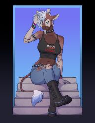 1futa 1girls bracelet chocker female furry futanari giraffe giraffid horns izzy_(kadath) jeans kadath kadath_universe piercing solo_female solo_futa tagmme tail tank_top tongue_piercing