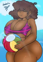 1girls bathing_suit beach beach_ball big_ass big_breasts big_hat bikini bikini_bottom bikini_top blue_sky breasts brown_hair closed_eyes dark-skinned_female dark_skin ebony_frisk_(undertale)_(character) female frisk frisk_(undertale) galacticlewd holding_breast huge_ass huge_breasts poofy_hair purple_bikini round_breasts short_hair smiling sunny thick_ass thick_thighs undertale