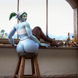 1girls adult_woman ai_generated alcohol arched_back ass ass_focus bandana bikini blue_skin blue_skinned_female female green_hair leather_boots leg_up nowrin only_female photoshop_edited presenting presenting_ass presenting_hindquarters short_hair sitting sitting_on_chair solo solo_female stable_diffusion tavern troll troll_(warcraft) troll_female underwear warcraft world_of_warcraft yellow_eyes