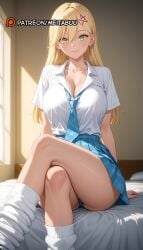2.5_jigen_no_ririsa ai_generated arm_support ass bed_sheet blonde_hair blue_necktie blue_panties blue_skirt blush breasts cleavage closed_mouth collarbone collared_shirt crossed_legs diagonal-striped_necktiekisaki_aria earrings feet_out_of_frame female green_eyes gyaru hair_between_eyes hair_ornament indoors jewelry kogal large_breasts long_hair looking_at_viewer loose_necktie loose_socks meitabuu miniskirt necktie on_bed panties pantyshot plaid plaid_skirt pleated_skirt school_uniform shirt shirt_tucked_in short_sleeves sitting skirt smile socks solo star_(symbol) sunlight thighs underwear white_shirt white_socks window