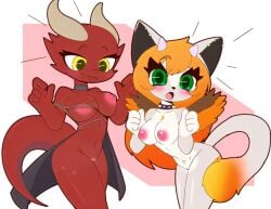 2girls anthro ass blush breasts choker dragon_girl fox_girl furry green_eyes grey_skin horns long_tail looking_at_partner mandoy1o1 nipples orange_hair original_character pussy red_body surprised_expression tail white_belly yellow_eyes