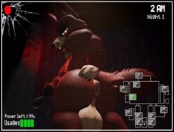 2024 3d 3d_(artwork) animatronic anthro anus ass balls bedroom_eyes big_balls big_butt black_claws black_nose brown_body camera_view canid canine canis claws curtains digital_media_(artwork) fangs five_nights_at_freddy's fox foxy_(fnaf) gameplay_mechanics genitals hair half-closed_eyes hand_on_butt hand_on_own_butt hook hook_hand inside looking_at_viewer looking_back machine male mammal multicolored_body narrowed_eyes presenting presenting_hindquarters recording red_body red_ears red_eyes red_hair red_tail roblox robot robot_anthro scottgames security security_camera seductive sharp_teeth smile snarkyfang solo tail teeth thick_thighs two_tone_body