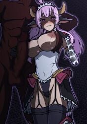 1boy absurdres ahoge amakubo_yuri animal_ears animal_print aoi_tabane black_thighhighs blush breasts censored cow_ears cow_girl cow_horns cow_print cow_tail dark-skinned_male dark_skin elbow_gloves erection female garter_straps gloved_handjob gloves grabbing_another's_breast grin groping handjob heart heart-shaped_pupils highres horns huge_cock kouyoku_senki_exs-tia lactation large_breasts large_penis long_hair looking_at_viewer maid_headdress milk_slave_maid_exs-tia mosaic_censoring nipples overskirt penis pink_hair purple_eyes pussy_juice showgirl_skirt smile solo_focus straight symbol-shaped_pupils tail testicles thighhighs virtual_youtuber