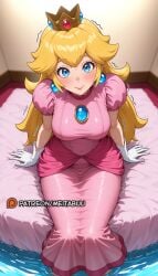 ai_generated bed bed_sheet blonde_hair blue_eyes blue_gemstone blush breasts brooch closed_mouth crown dress earrings female from_above gem gloves indoors jewelry large_breasts lips long_dress long_hair looking_at_viewer mario_(series) meitabuu nervous nervous_smile nintendo on_bed pink_dress pink_lips princess princess_peach puffy_short_sleeves puffy_sleeves short_sleeves sitting smile soaking_feet solo sphere_earrings sweat taut_clothes taut_dress tight_clothes tight_dress trembling water white_gloves