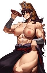 1girls abs absurd_res animal bandage black_nails breasts cheonak_(mutageniccrow) commission female hi_res large_breasts looking_at_viewer muscular muscular_female nail_polish navel original pouring purple_eyes purple_hair scar simple_background sotcho tagme thick_thighs tiger topless white_background