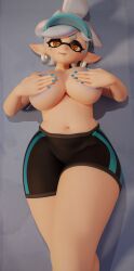 3d 3d_(artwork) animal_humanoid areola areola_slip big_breasts blue_areola blue_nails bottomwear breasts cephalopod cephalopod_humanoid clothed clothing colored_nails covering covering_breasts covering_nipples cross_pupils digital_media_(artwork) ear_piercing ear_ring female hair hat headgear headwear hi_res humanoid humanoid_pointy_ears inkling looking_at_viewer lying marie_(splatoon) marine marine_humanoid mole_under_eye mollusk mollusk_humanoid nails nintendo octopus_humanoid on_back piercing pointy_ears pseudo_hair ring_piercing short_hair shorts smile smiling_at_viewer solo spandex spandex_shorts splatoon tentacle tentacle_hair tight_bottomwear tight_clothing tight_shorts tlittleginny topless topless_female topless_humanoid visor_cap wide_hips yellow_eyes