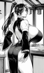 china_dress chun_yan_(shuumatsu_no_valkyrie) grayscale mature_female monochrome record_of_ragnarok shuumatsu_no_valkyrie