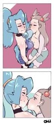2girls blue_eyes blue_hair blush breast_sucking breast_sucking_through_clothes breasts_out brown_eyes brown_hair clair_(pokemon) clair_(pokemon_hgss) closed_eyes eyes_rolling_back female game_freak gym_leader jasmine_(pokemon) jasmine_(pokemon_hgss) kissing ohudraws partially_clothed pokemon pokemon_gsc pokemon_hgss ponytail rolling_eyes secretly_loves_it spandex tongue tongue_kiss yuri