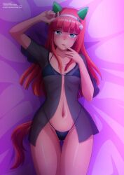 1girls 2021 aqua_eyes babydoll belly belly_button blush bra chromatic_aberration collarbone female female_only finger_to_mouth hairband hand_on_head hand_to_own_mouth highres hips light-skinned_female light_skin long_hair looking_at_viewer lying micro_bikini navel on_back on_bed orange_hair panties parted_lips ribs see-through see-through_clothing silence_suzuka_(umamusume) smile solo stomach tail thighs thong umamusume umamusume_pretty_derby waist wide_hips zel-sama