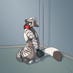 1:1 2025 ambiguous_species anthro ass ball_gag biped black_markings black_stripes bondage bondage bondage_gear bondage_gloves bound brown_body clothing countershade_torso countershading dipstick_tail gag gagged hair handwear hi_res inside key kneeling looking_at_object looking_back male markings nude raevild rear_view restraints rope rope_bondage self-bondage short_hair sitting sitting_on_ground striped_body stripes tail tail_markings white_body white_countershading white_hair