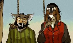 anthro coyote daisy_(tuherrus) female gallow gallows gambit_(tuherrus) goat hanging male rope_around_neck tuherrus