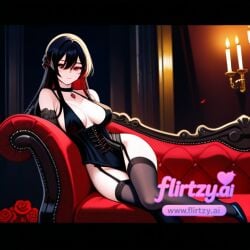 ai_assisted ai_generated bangs bare_shoulders black_hair black_legwear breasts candle choker cleavage collarbone couch cross dress elbow_gloves female flirtzy.ai flower garter_belt garter_straps gloves hair_between_eyes high_heels jewelry large_breasts letterboxed long_hair looking_at_viewer red_eyes red_flower red_rose rose sitting smile solo taihou_(azur_lane thighhighs
