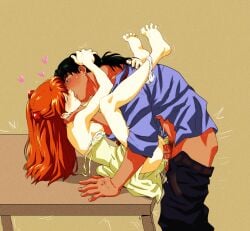 1boy absurdres age_difference amondetauro black_hair black_pants blue_shirt bra bra_pull breasts clothes_pull dress dress_pull female french_kiss hand_on_another's_neck heart highres interface_headset_(evangelion) kaji_ryouji kissing long_hair low_ponytail male male_pubic_hair mature_male missionary neon_genesis_evangelion nipples open_clothes open_shirt orange_hair panties panties_around_ankles pants pants_pull panty_pull penis ponytail pubic_hair sex shirt small_breasts souryuu_asuka_langley straight uncensored underwear white_bra yellow_dress