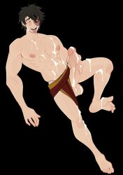 abs avatar_the_last_airbender balls black_background black_hair cum cum_on_balls cum_on_chest cum_on_face cum_on_foot cum_on_legs cum_on_penis cum_on_self cum_on_stomach facial_scar feet gold_eyes grabbing_own_penis grabbing_penis hand_on_penis jacking_off loincloth loincloth_aside looking_pleasured male male_focus male_only masturbation mostly_nude muscular pecs penis pubic_hair scar scar_on_face solo solo_focus solo_male tongue_out yuunsfw zuko