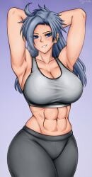 1girls abs big_breasts blue_eyes blue_hair breasts cleavage clothed_female himemushi_momoyo light-skinned_female long_hair megamoo mole mole_on_breast mole_under_eye muscular_female pants solo solo_female sports_bra thick_thighs thighs touhou