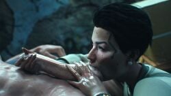 1boy 1girls 3d alternate_angle cyberpunk_2077 female fingernails freckles hand_on_penis leeterr light-skinned_female light-skinned_male light_skin male oral oral_sex penis rosalind_myers sloppy sucking sucking_balls sucking_testicles