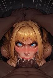 1boy 1girls abs absurdly_large_cock ai_generated all_the_way_to_the_base angry annoyed blonde_hair blowjob blue_eyes breasts cleavage cum cum_down_throat cum_in_mouth dark-skinned_male deepthroat fellatio female frown holding_head huge_breasts huge_cock interracial irrumatio long_hair looking_at_viewer male male_pov misa_amane motion_lines muscular muscular_male oral penis pobodyznerf pov pov_male saliva semen straight tagme throat_fuck twintails veiny_penis