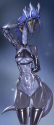 absurd_res anthro black_clothing black_latex black_legwear black_sclera black_topwear blue_body blue_hair blue_scales blue_tongue clitoris clothed clothing dragon female female_anthro forked_tongue front_view genitals grey_body hair hi_res humanoid_genitalia humanoid_vulva latex latex_clothing latex_legwear legwear looking_at_viewer mouth_closed mythological_creature mythological_scalie mythology portrait prosthetic prosthetic_arm prosthetic_limb pupils pussy scales scalie shermugi slit_pupils solo three-quarter_portrait tongue tongue_out topwear translucent translucent_clothing translucent_latex tyrii_ta'lana vulva yellow_eyes