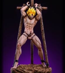 abs balls belt belt_bondage blonde_hair bondage boner cock dick dragon_ball dragon_ball_super dragon_ball_z figure gag goku male_only muscles muscular muscular_male penis son_goku tied_up